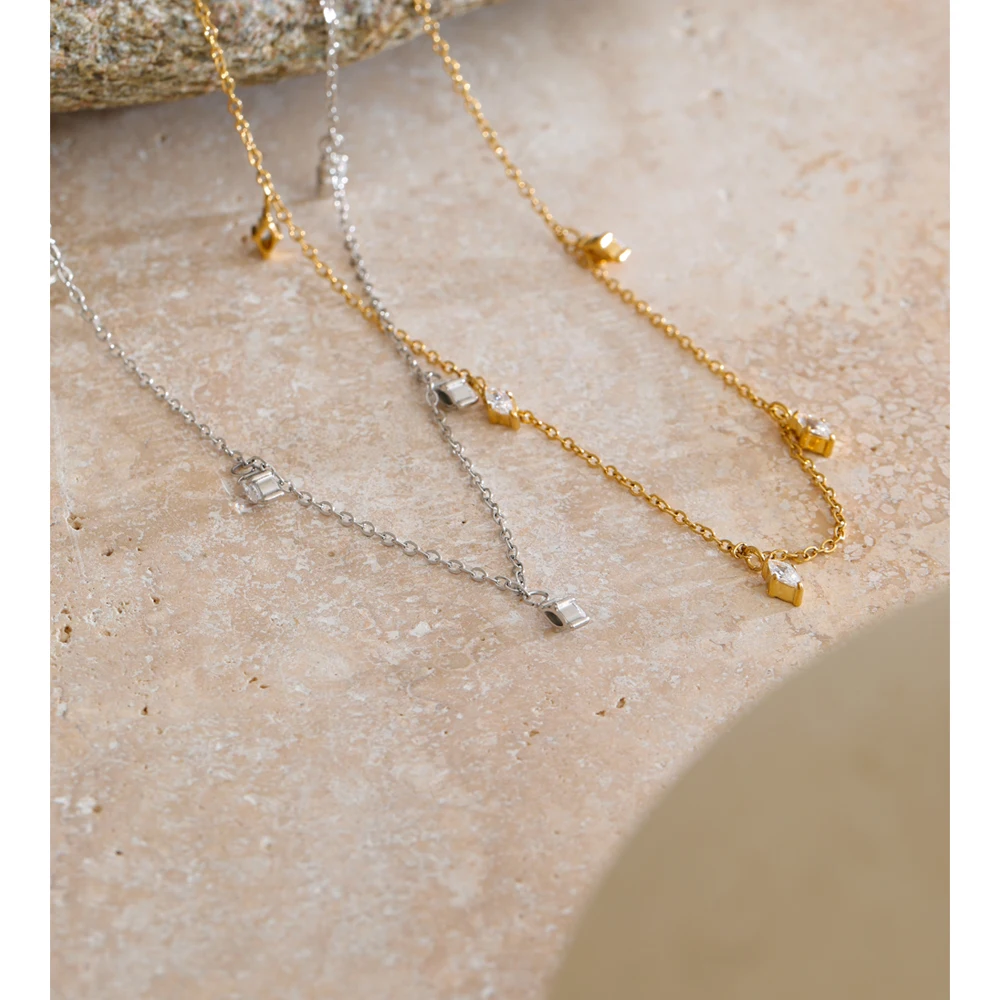 Yhpup Stainless Steel Rhombus Cubic Zirconia Necklace Korean Fashion Jewelry