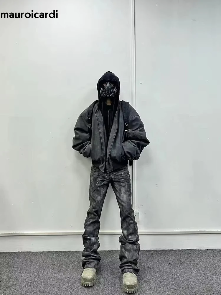 Mauroicardi Spring Oversized Vintage Black Faux Suede Leather jacket Men Zipper Fake 2 Piece Luxury Designer Clothes Hoodie 2024 2