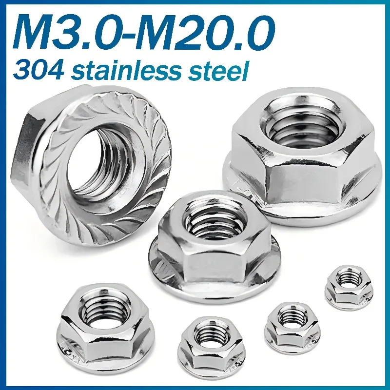 50 ชิ้น M3 M4 M5 M6 M8 M10 M12 M16 M20 304 สแตนเลสสตีลHexagon Hex Head Serrated Spinlock Lock Flange Nuts DIN6923 1
