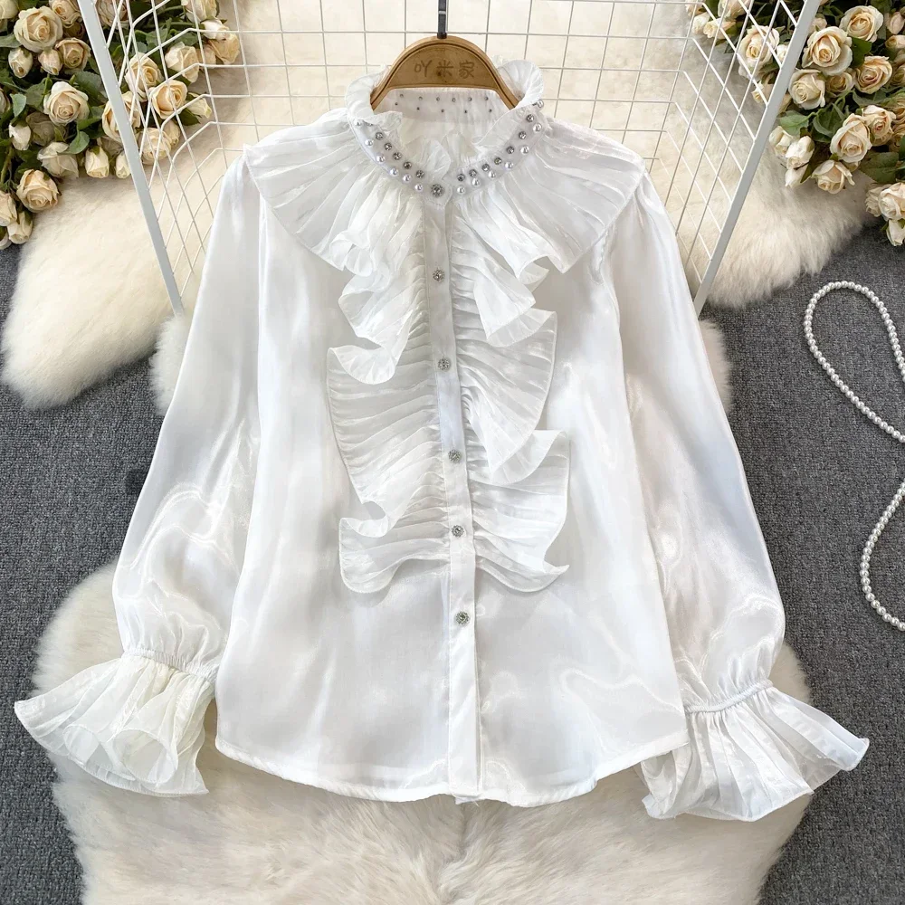 3D Flower Woman Blouse Stand Collar Flare Sleeve Flounced