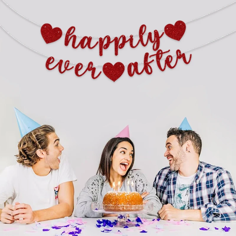 Red, black, and rose gold 'Happily Ever After' banner - sparkling single wedding bride party banner for bachelorette and engagem