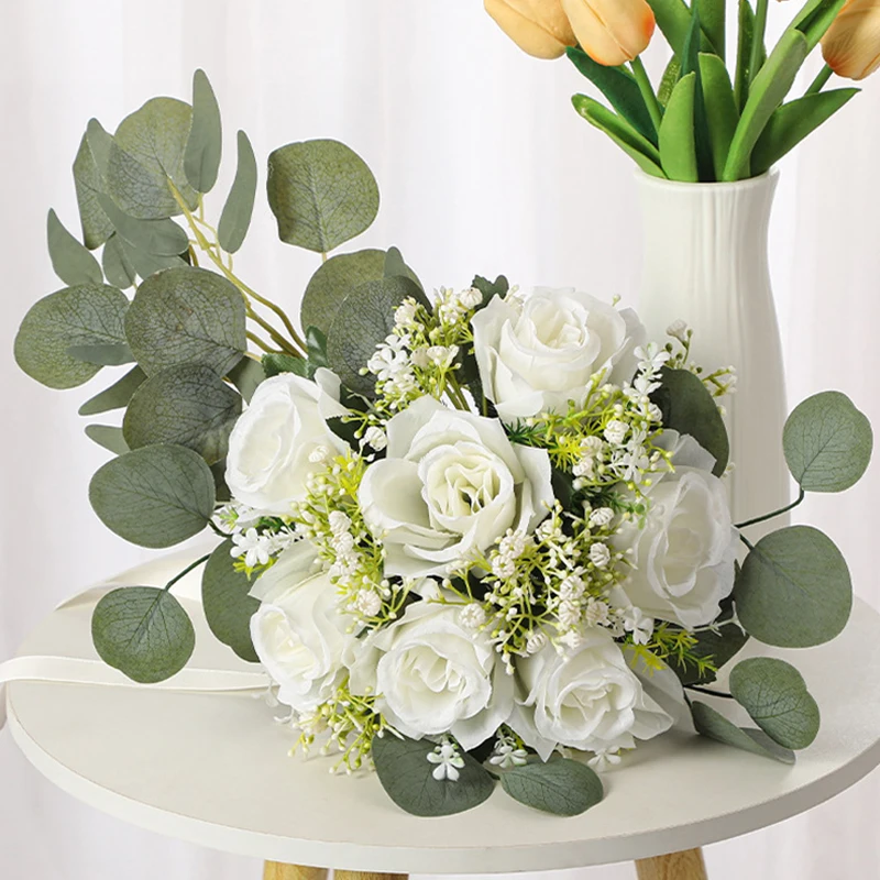 1PC White Rose Babysbirthday Wedding Bridal Bouquet WeddingTossing Bouquet Bohemian Countryside Wedding Church Ceremony Flower
