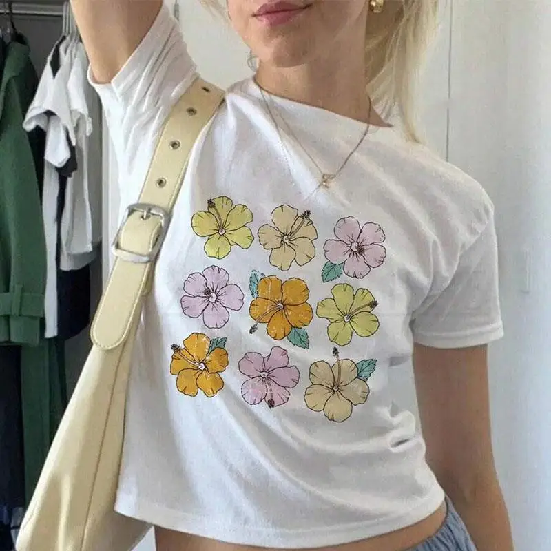 

Woman clothing Y2K Vintage Retro Long Sleeve flowers Print Crew Neck Spring Fall Slim Fit Tops Aesthetic Grunge T-Shirt crop top