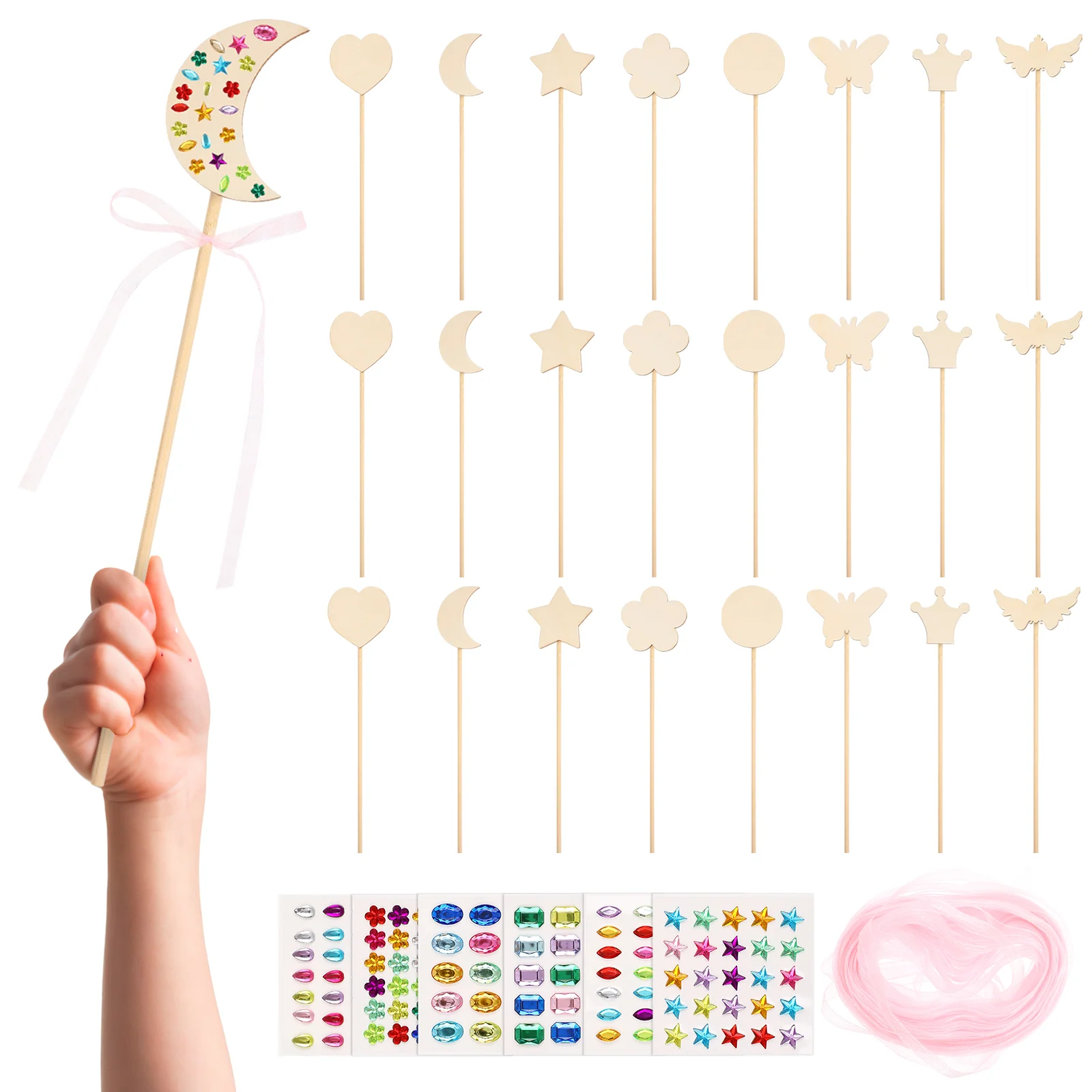 

Fairy Wands Kit Wooden Fairy Wands Unfinished Kids DIY Wand Gemstone Stickers Ribbons for Girls Unfinished Party Supply