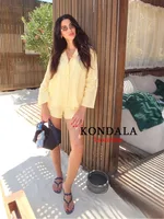 KONDALA Casual Chic Women Yellow Suit V-Neck Full Sleeve Single Breasted Blouse Elastic Shorts Fashion 2025 Spring Summer Set - Image 3