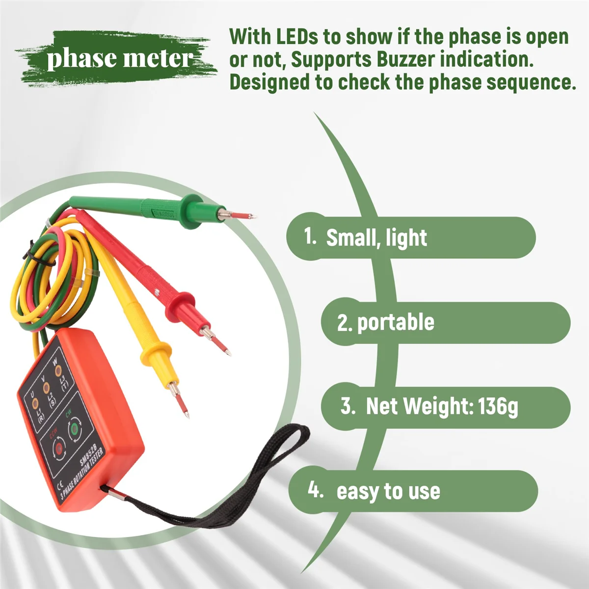 ZIZI 새로운 3상 시퀀스 회전 테스터 표시기 감지기 미터 휴대용 파우치가있는 LED 버저 TD-LED02