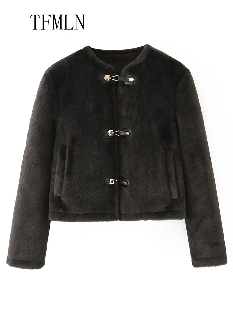 Street Women Causal Faux Fur Jackets 2025 Autumn Winter Fashion O-neck Single Breasted Loose Coats Vintage Warm Chic Outwear