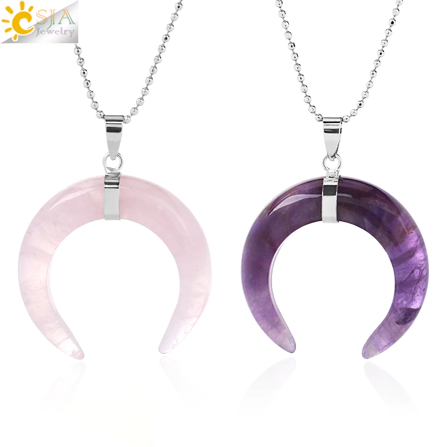 Natural Stones Crescent Moon Necklaces Pendants Purple Crystal Tiger Eye Pink Quartz White Stone Gold Color Reiki Women F306