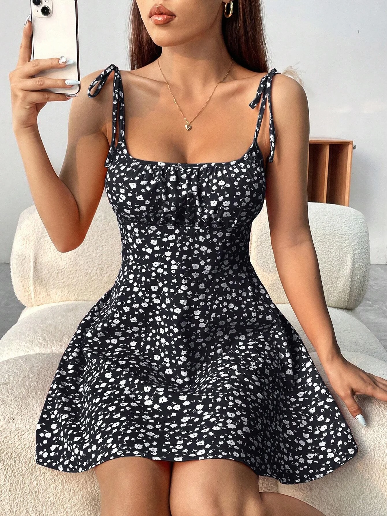 Damen Frühling Sommer Elegantes Lässiges Y2K Sexy Blumendruck Unsichtbarer Reißverschluss A-Linien-Minikleid Damenmode Retro-Rock