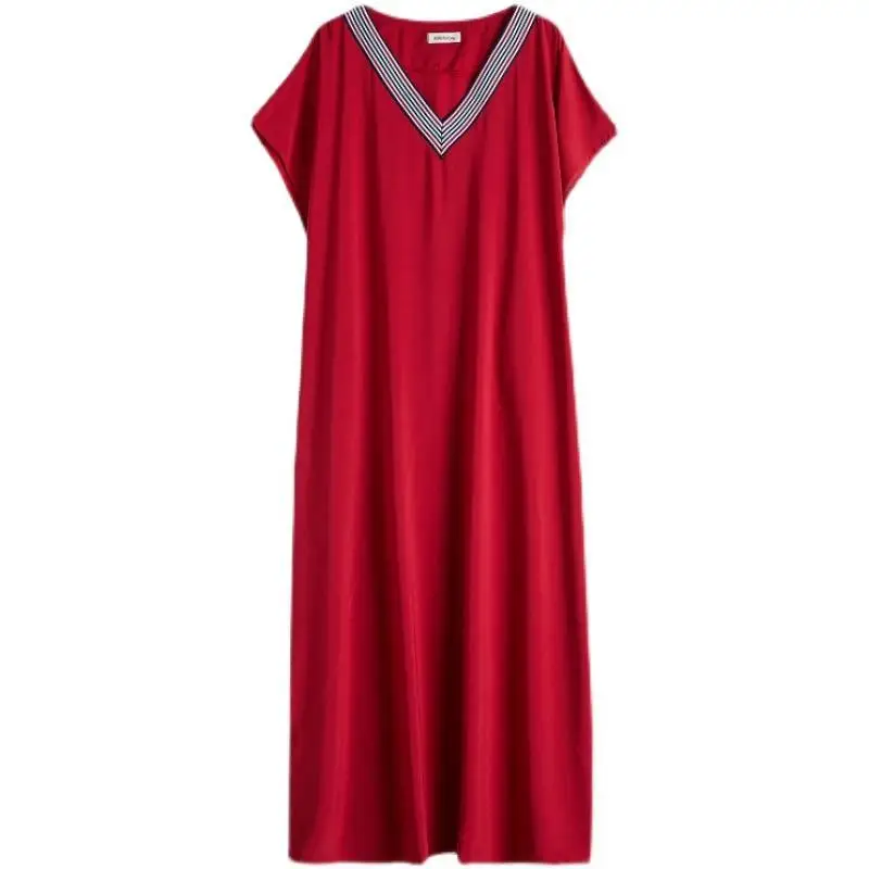 

Summer New Contrast Patchwork Loose Long Dress Short Sleeve V Neck Solid Simplicity Ladies Dresses Casual Fashion Women Clothing