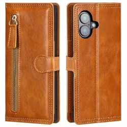 Luxury Faux Leather Flip Wallet Case with Zipper Pocket Cover - iPhone 14 Plus (Orange)