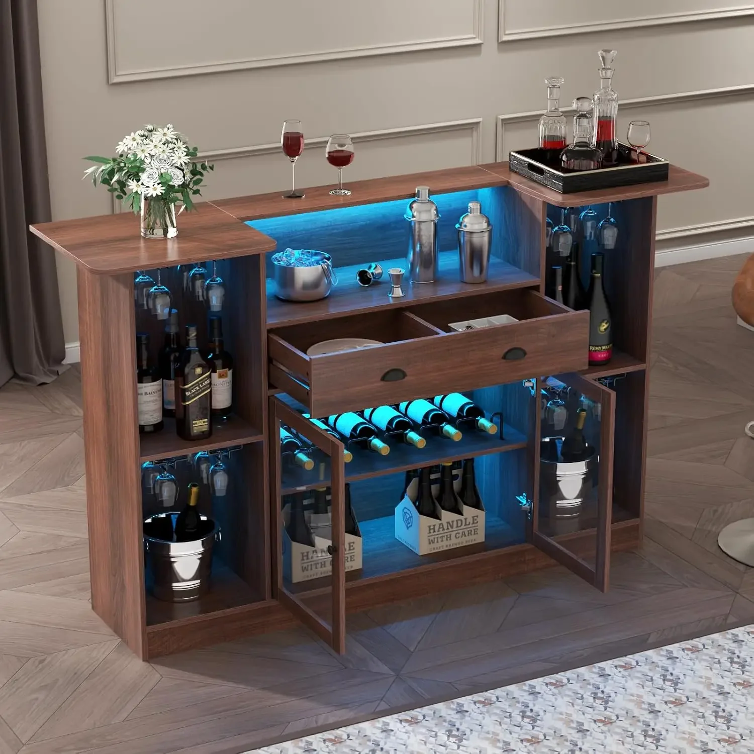 Mini Liquor Bar Cabinet, with LED & Drawer,Wine Alcohol Bar Stand with Glass, 8-Tier Storage & Stemware Holder
