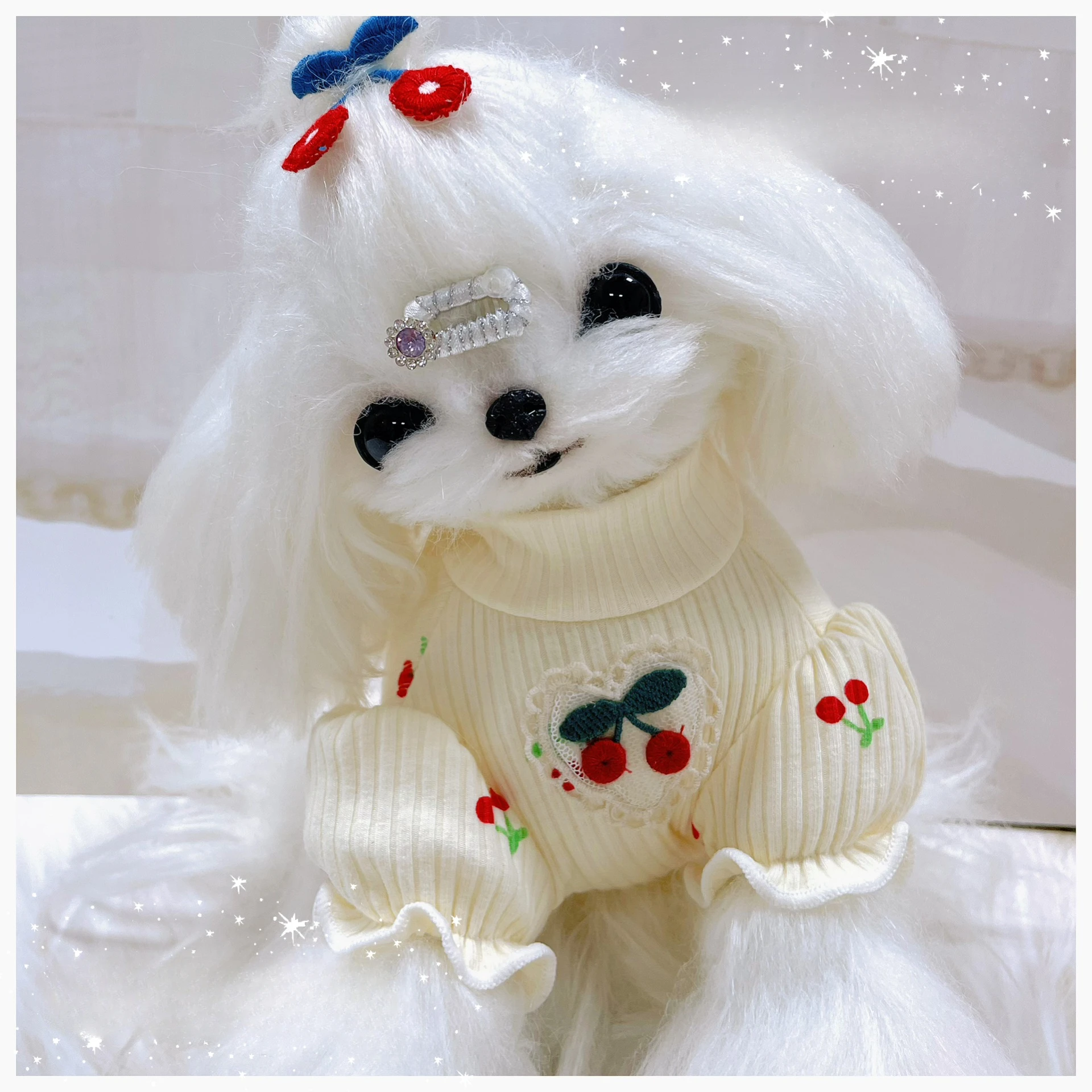 Pet Clothes Pet Cherry Printed Bottom Shirt Teddy Bubble Sleeve High Neck Bottom Shirt Bear Small Dog Knitted Elastic Clothing Puppy Clothes