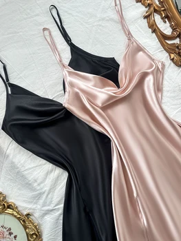 فستان رسن مثير جديد بلون سادة فستان نوم نسائي مريح وطويل الشق 3