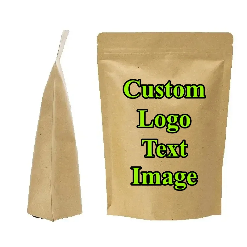 100PCS Kraft Paper Ziplock Packaging Bag DIY Custom Logo Text Matcha Stand-up Coffee Beans Snack Spice Tea Beaf Storage Pouches