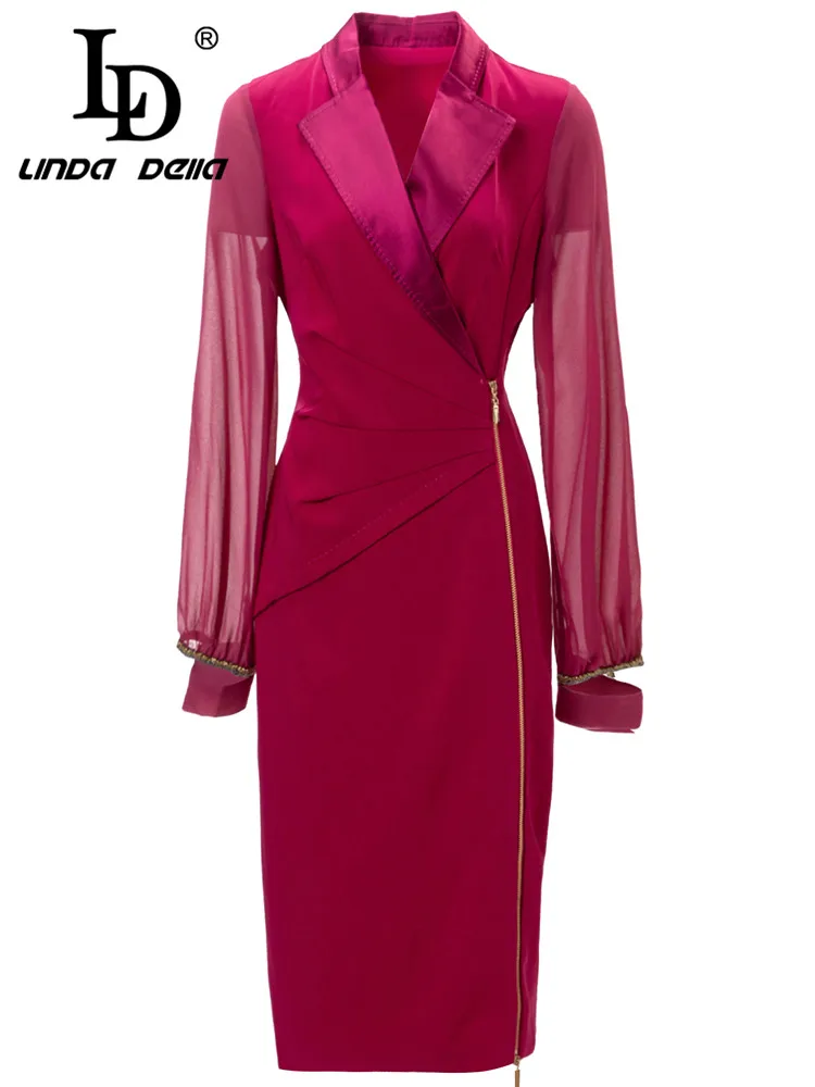 

LD LINDA DELLA Autumn New Style Vintage Dress Women's Red Splice long sleeve Draped High waist Zipper Slim Fit Party Dress