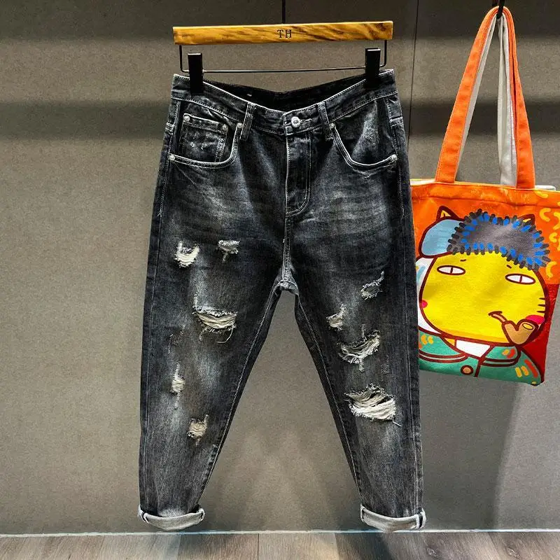 Summer thin pants beggar's nine point torn Harem jeans men's loose Harem small leg pants ripped jeans  men jeans