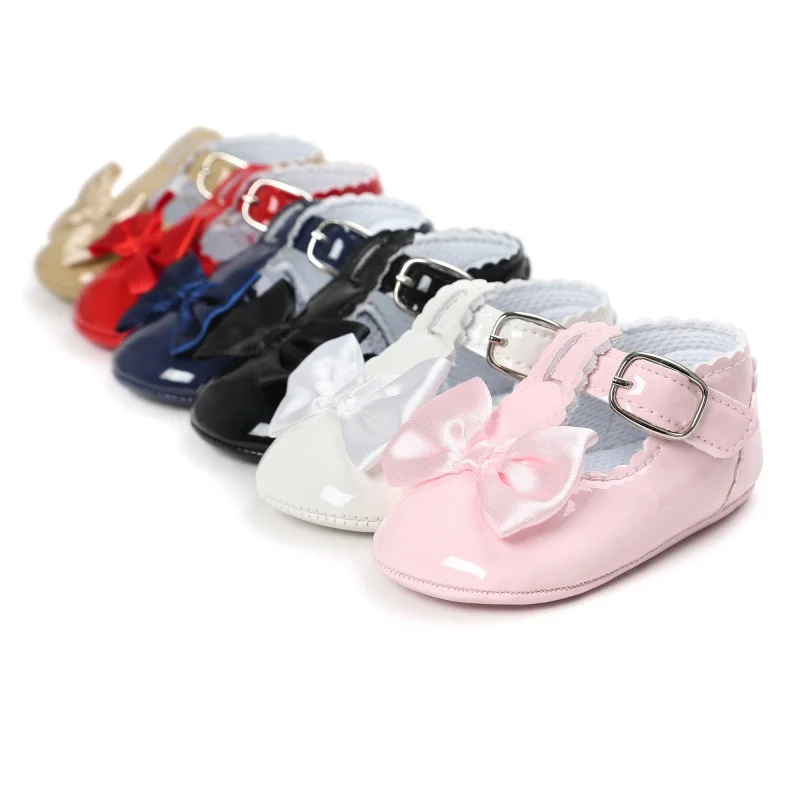Mirror Pu Leather Non-Slip Baby Princess Shoes For Newborn Girls Comfortable Casual Flat Shoes Bow Buckle Soft Soled Shoes