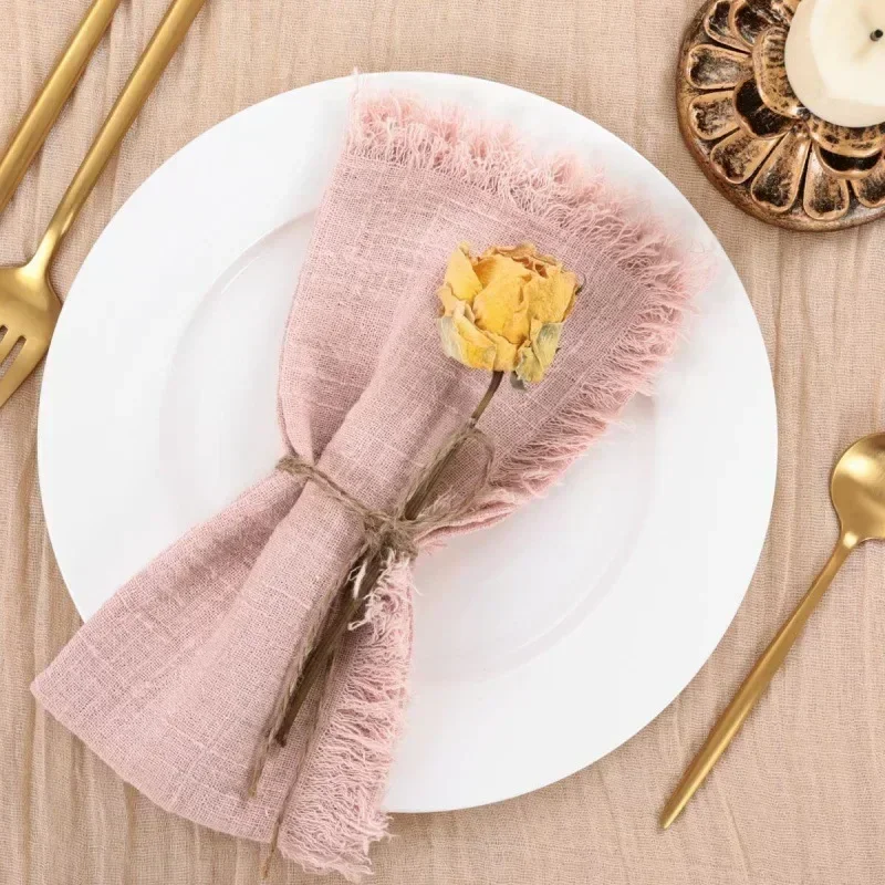 48PC Pink Cloth Napkins 30X30CM Handmade Gauze with Fringe Rustic Dinner Napkins for Wedding Party Baby Shower Dinner Decoration
