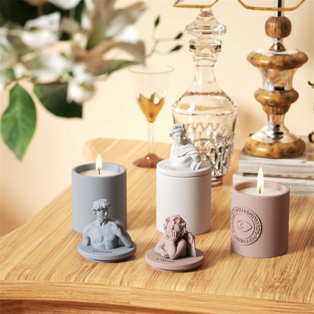 Silicone Mold Greek Sculpture Candle Jar Concrete with Lid Cylindrical Jesmonite Candle Container Storage Box Home Decor