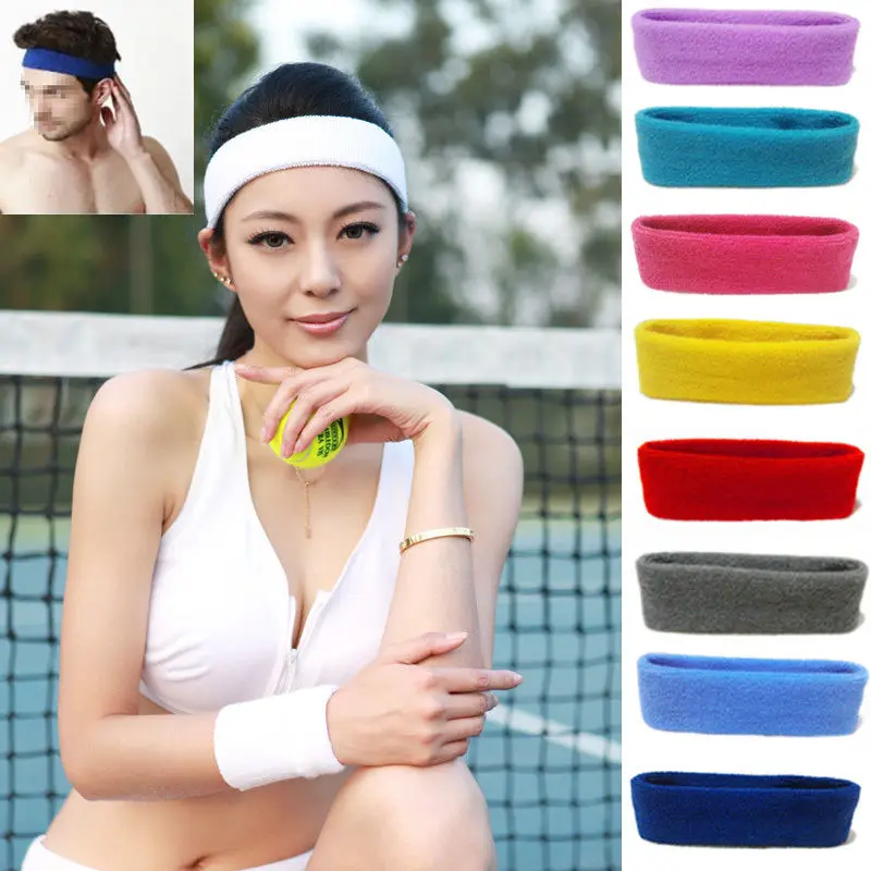 Unisex cotton elastic sports headband in various solid colors.