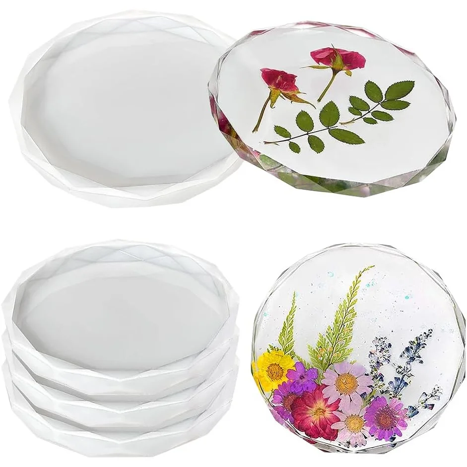 4pc Silicone Round Geometric Crystal Resin Coaster Molds