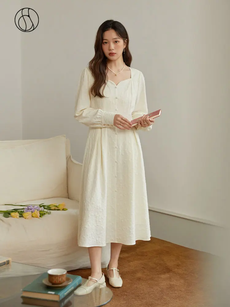 

DUSHU Square Neck Temperament Women Dress Textured White Long Spring Dresses Office Lady Long Puff Sleeve A-LINE Skirts