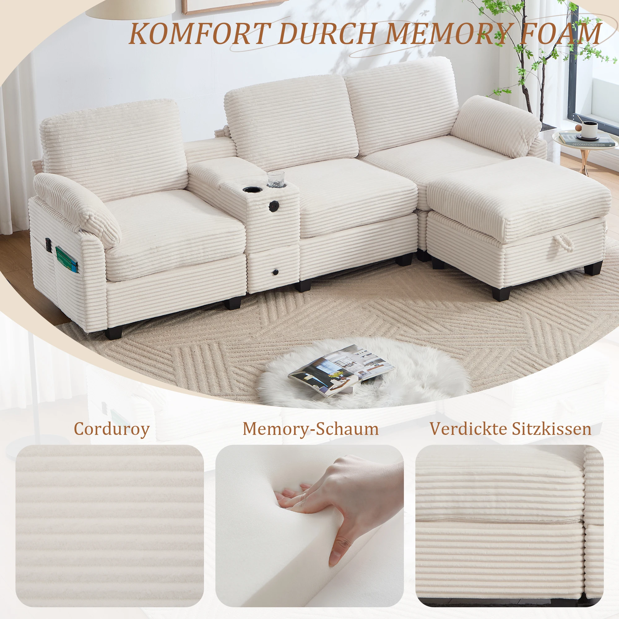 Großes Kordelsofa mit Komfortschaumstoff, 2 Getränkehaltern, USB-C-Anschluss, Seitentasche, Ablagefach, mobilem Aufbewahrungsfach – Detail 1