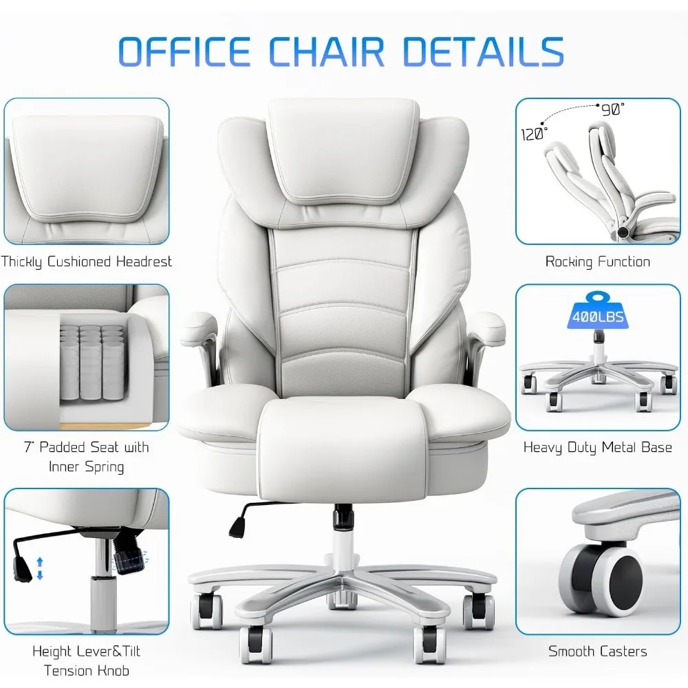 Big and Tall Office Chair 400lb Wide Seat, High Back Leather Executive Office Chair with Flip-up Arms, Ergonomic Desk Chairs 4