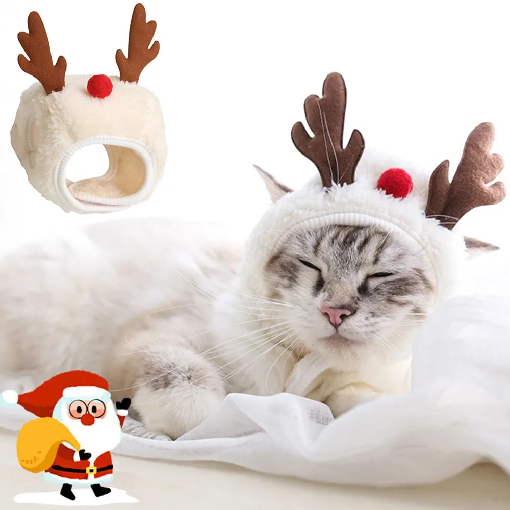 크리스마스 강아지 고양이 의상, 크리스마스 고양이 산타 엘크 모자와 반다나 턱..