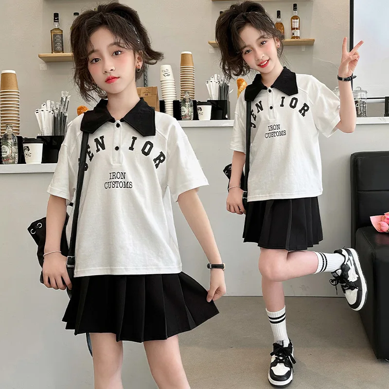 

2024 Girls' JK Uniform Skirt Set Summer 2024 New Children's Western Academy Style POLO Shirt Pleated Skirt