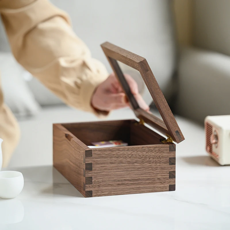 Black Walnut Storage Box with Tempered Glass Lid Retro Tea Set Organizer Elegant Home Decor for Living Room Premium Display Case 3