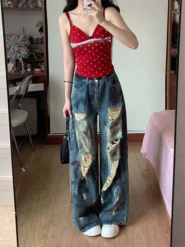 

Джинсы в стиле Харадзюку с принтом граффити, рваные брюки-бойфренды с прямыми штанинами, ткань в Корейском стиле, y2k 2024, fairycore 00s grunge