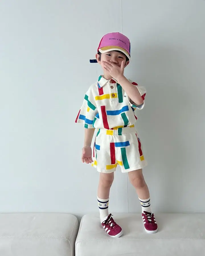 2023 BC Summer Girls' Korean Style Cute Contrast Square Polo Neck Waffle T-shirt Children's Set Children Clothing