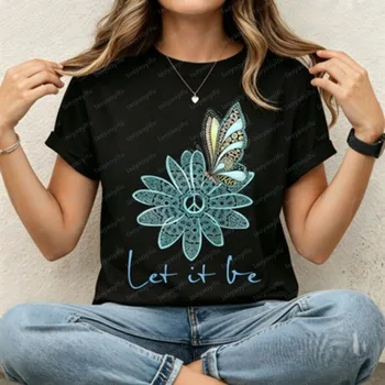 Vintage Boho Peace Symbol Flower Butterfly Womens T Shirt Fashion Summer Short Sleeve Let It Be Slogan Floral Casual Daily Tees