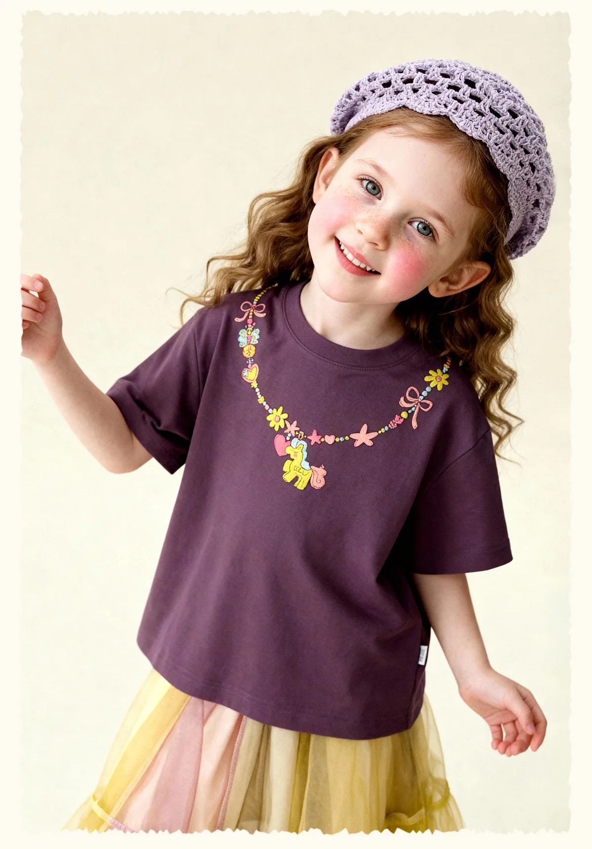 Amila 2026 Sommer Neues Kinder-T-Shirt mit lustigem Halsketten-Print, locker geschnittene Schulterversion, süßes, trendiges Freizeit-Oberteil – Detail 15
