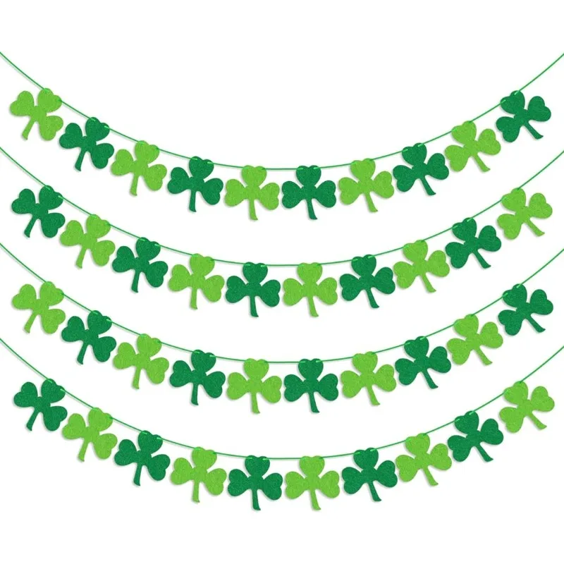 

Dark Light Green Felt Shamrock Clover Leaf Garland Banners St Patricks Day Streamer Hanging for Irish Birthday Party Decorations
