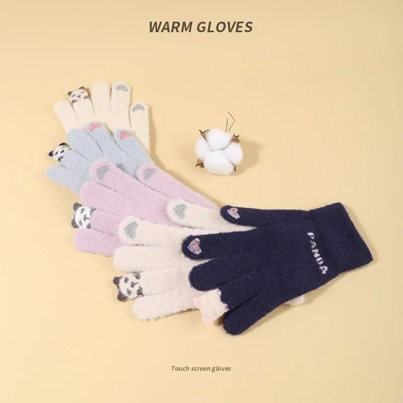 

Женские зимние теплые вязаные перчатки с милым медведем на пальцах, защитные плюшевые перчатки для сенсорных экранов для студентов и велоспорта