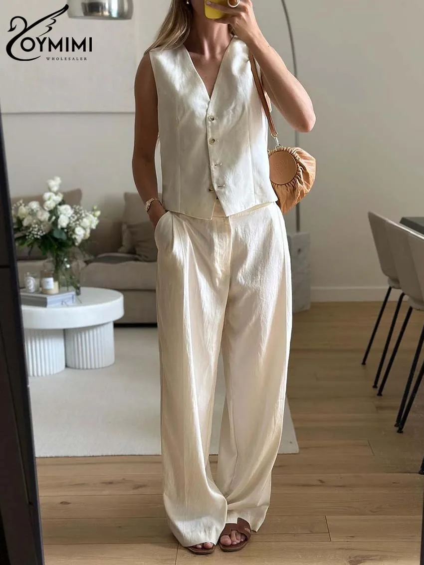 

Oymimi Summer Beige Sets For Women 2 Pieces Elegant V-Neck Sleeveless Button Shirts And Simple Straight Trousers Female Sets