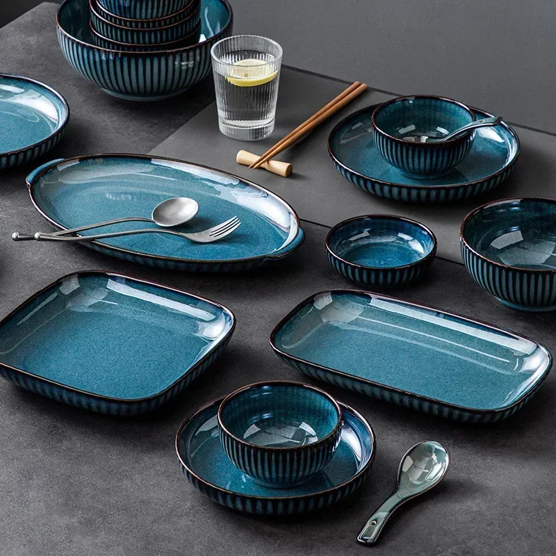 Blue kiln glaze tableware, ceramic rice salad, plate, plate, fish tableware dinner set plates and dishes