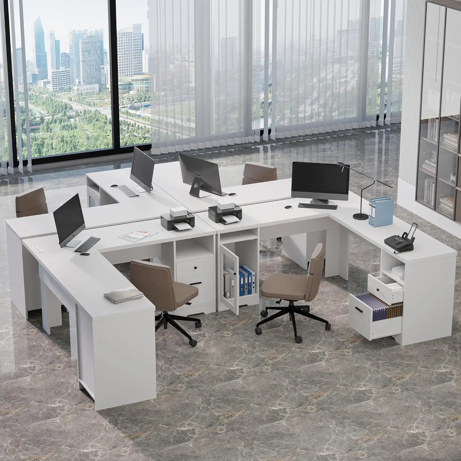 L Shaped Desk with File Cabinet, Corner Computer Desk with Storage Drawers, Large Home Office Table with Power Outlets 3