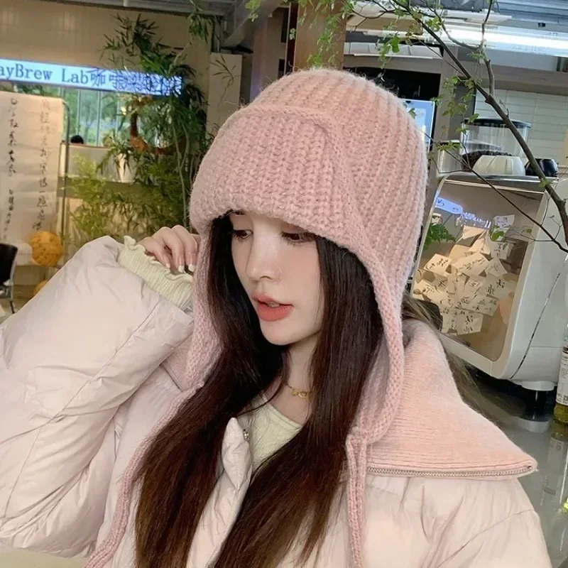 Fashion Ear Protection Knit Hat Winter Warm Cold Proof Flying Cap Solid Color Woolen Crochet Bonnet Korean Women Wool Beanie 3
