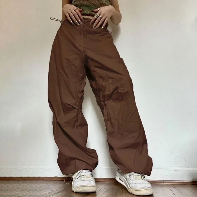 Women Casual Joggers Tech Pants Oversized Solid Low Waist Drawstring Baggy Trousers Y2K Fashion Wide Leg Cargo Pants Streetwear