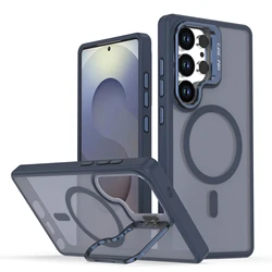 MagSafe Magnetic Metal Lens Protection Stand Case - Shockproof Cover Bumper - Galaxy S26Plus (Navy Blue)