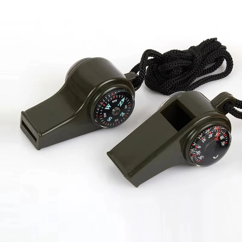 3 in1 Camping Hiking Emergency Survival Gear Whistle Compass Thermometer Outdoor Need ArmyGreen Color Rope survival whistle survival tool