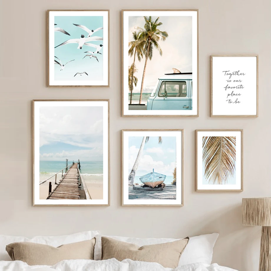 

Summer Sea Beach Palm Trees Landscape Pictures Brige Boat Nordic Posters Prints Wall Art Canvas Painting For Linving Room Decor