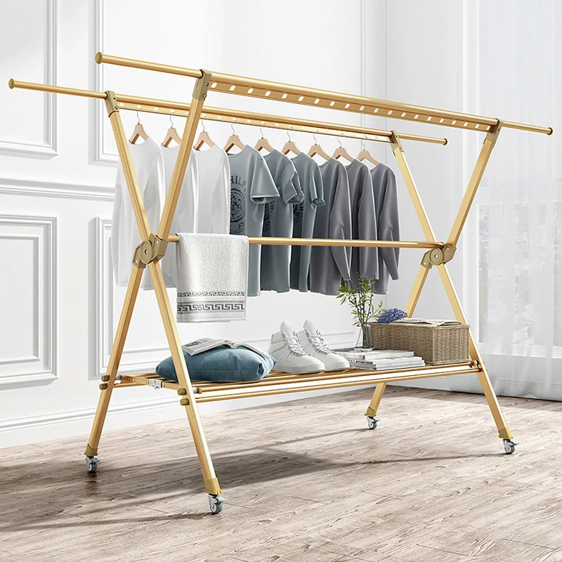 

Clothes hanger floor folding double rod drying quilt magic household indoor and outdoor balcony telescopic drying rod