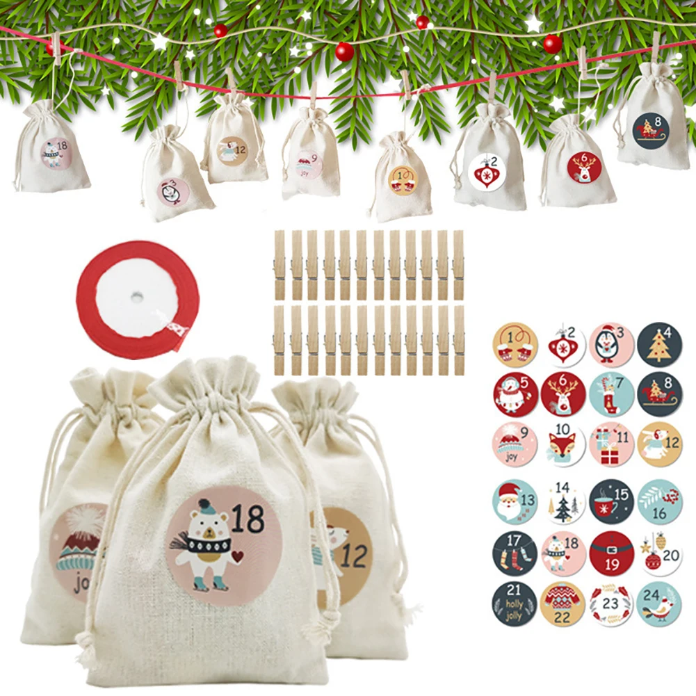 2023 24Days Christmas Advent Calendar Bags Advent Calendar Gift Bags DIY Set with Paper Sticker Noel New Year Christmas Decor