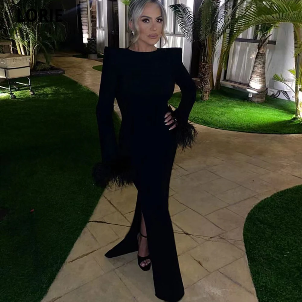 

LORIE Dubai Mermaid Arabic Black Evening Dress For Women Queen Long Sleeves With Feathers Side Split Elegant Formal Party Gown