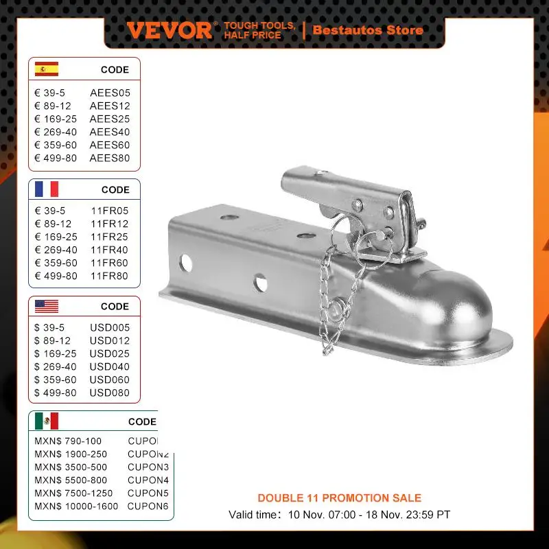 VEVOR 3500 lbs Straight Trailer Coupler with 2-Inch Hitch Ball Tongue 2-Inch Channel for Towing RV Truck Caravan Accessories